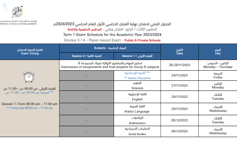 جدول امتحان الصف التاسع