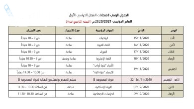 جدول امتحان الصف التاسع الفصل الدراسي الأول