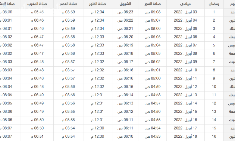 امساكية رمضان في الرياض